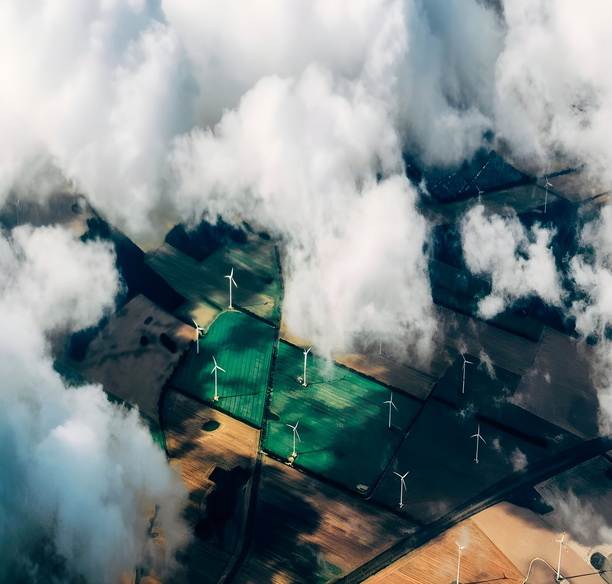 Wind farm seen from above through cloud